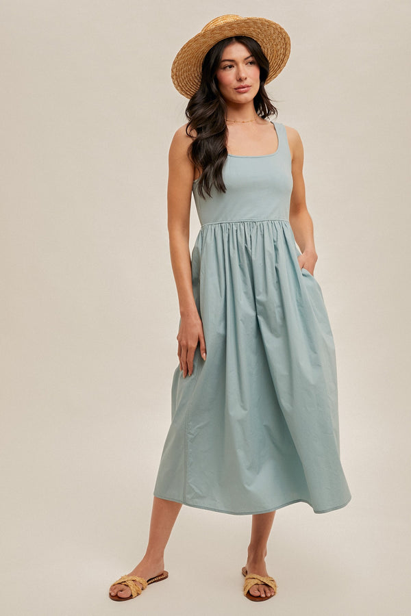 Elouise Mixed Media Scoop Neck Dress, Aqua