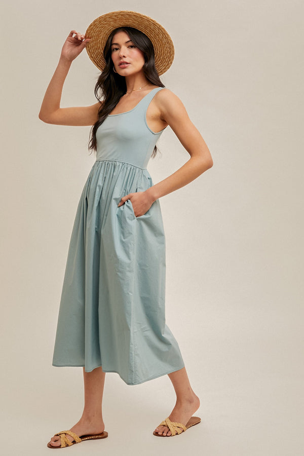 Elouise Mixed Media Scoop Neck Dress, Aqua