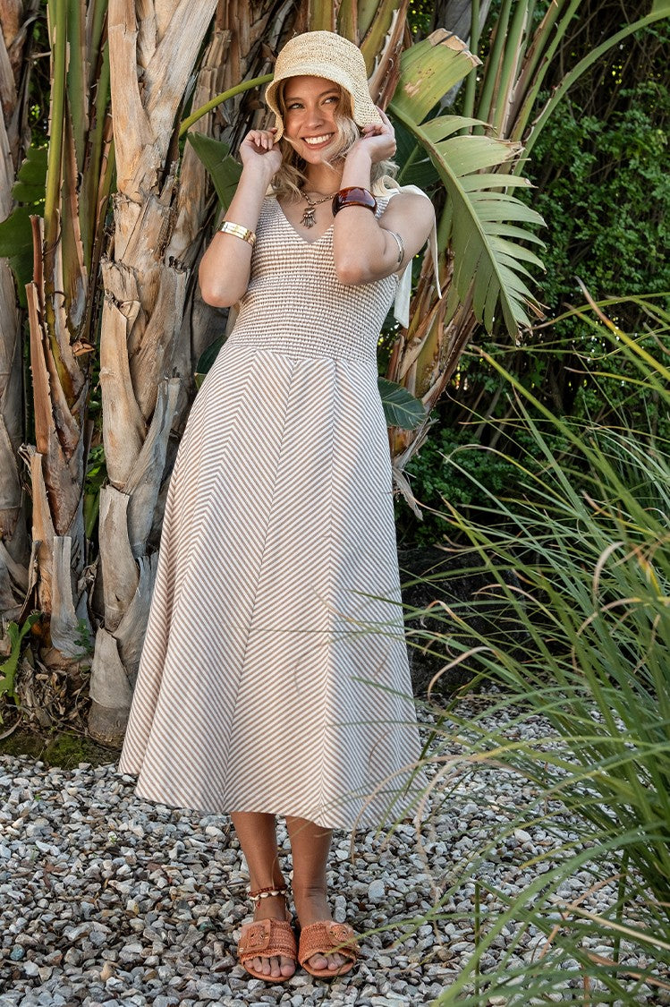Eve Smocked Bodice Striped Dress, Taupe
