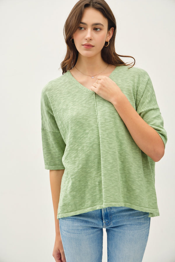 Lyra Cotton Slub V-Neck Tee, Apple Mint