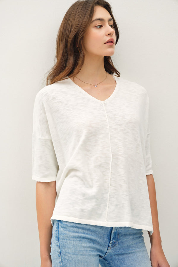 Lyra Cotton Slub V-Neck Tee, Off White