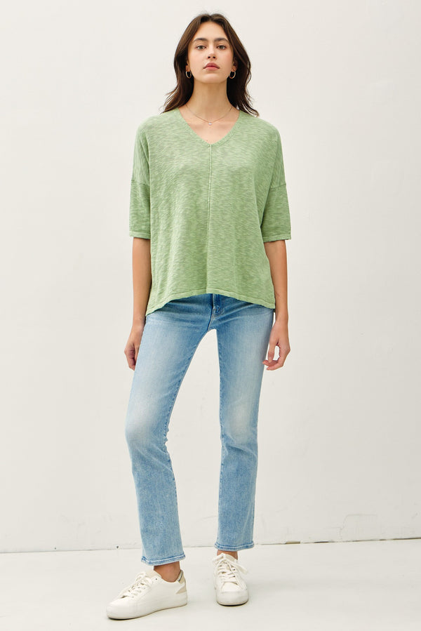 Lyra Cotton Slub V-Neck Tee, Apple Mint