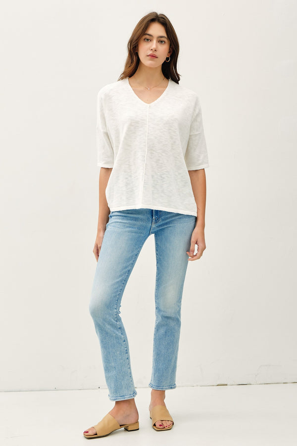 Lyra Cotton Slub V-Neck Tee, Off White