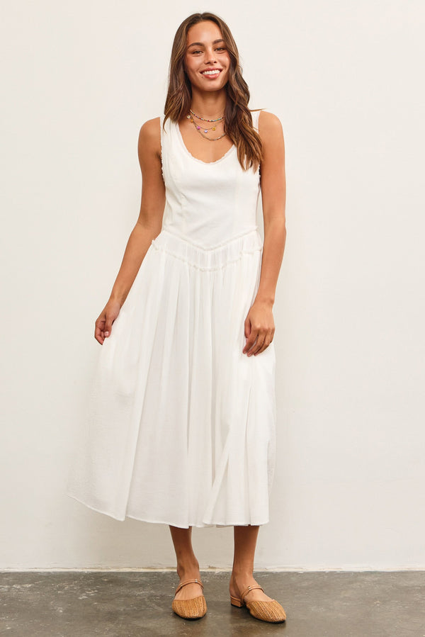 Leyla Basque Waist Frayed Edge Dress, Off White