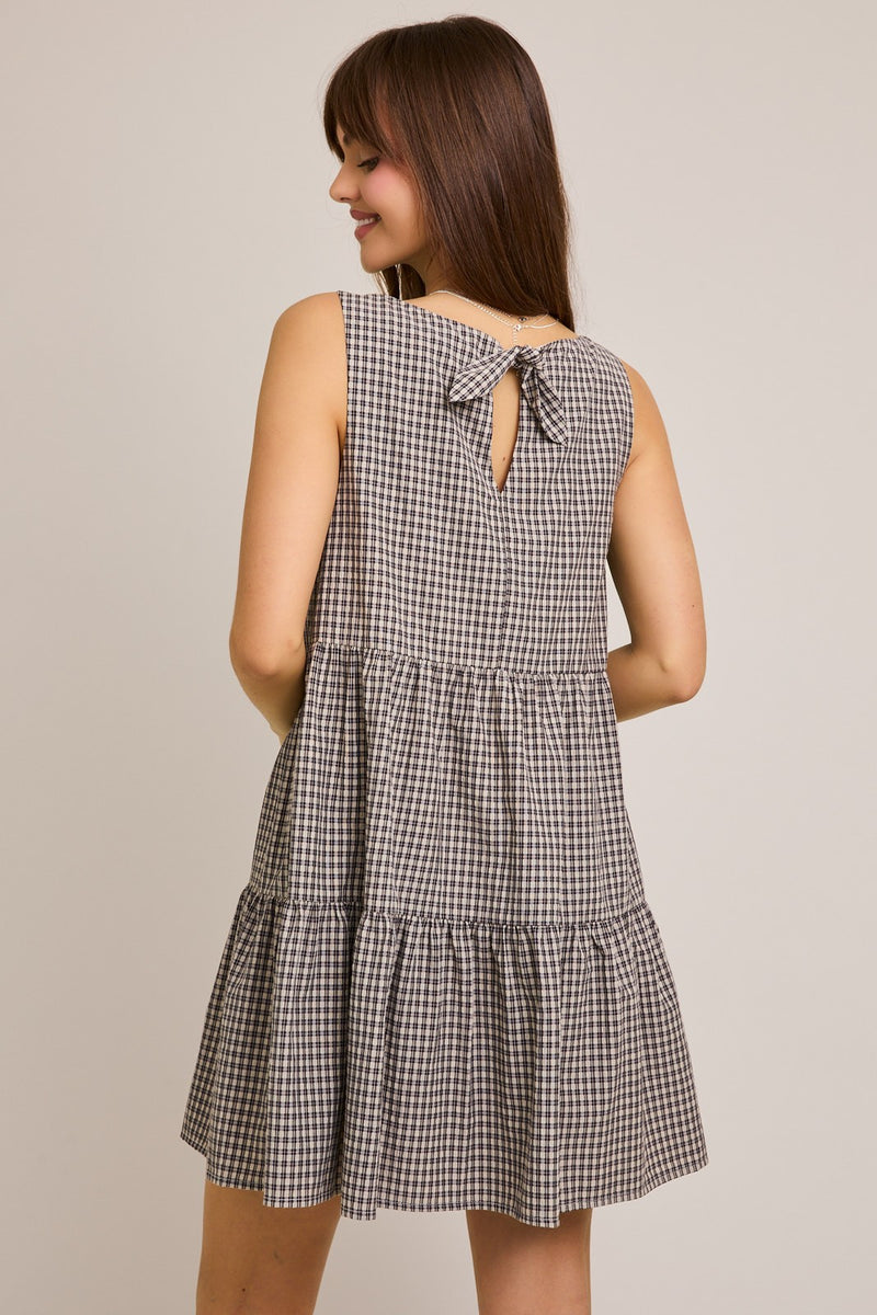 Parker Boat Neck Plaid Mini Dress, Black Plaid