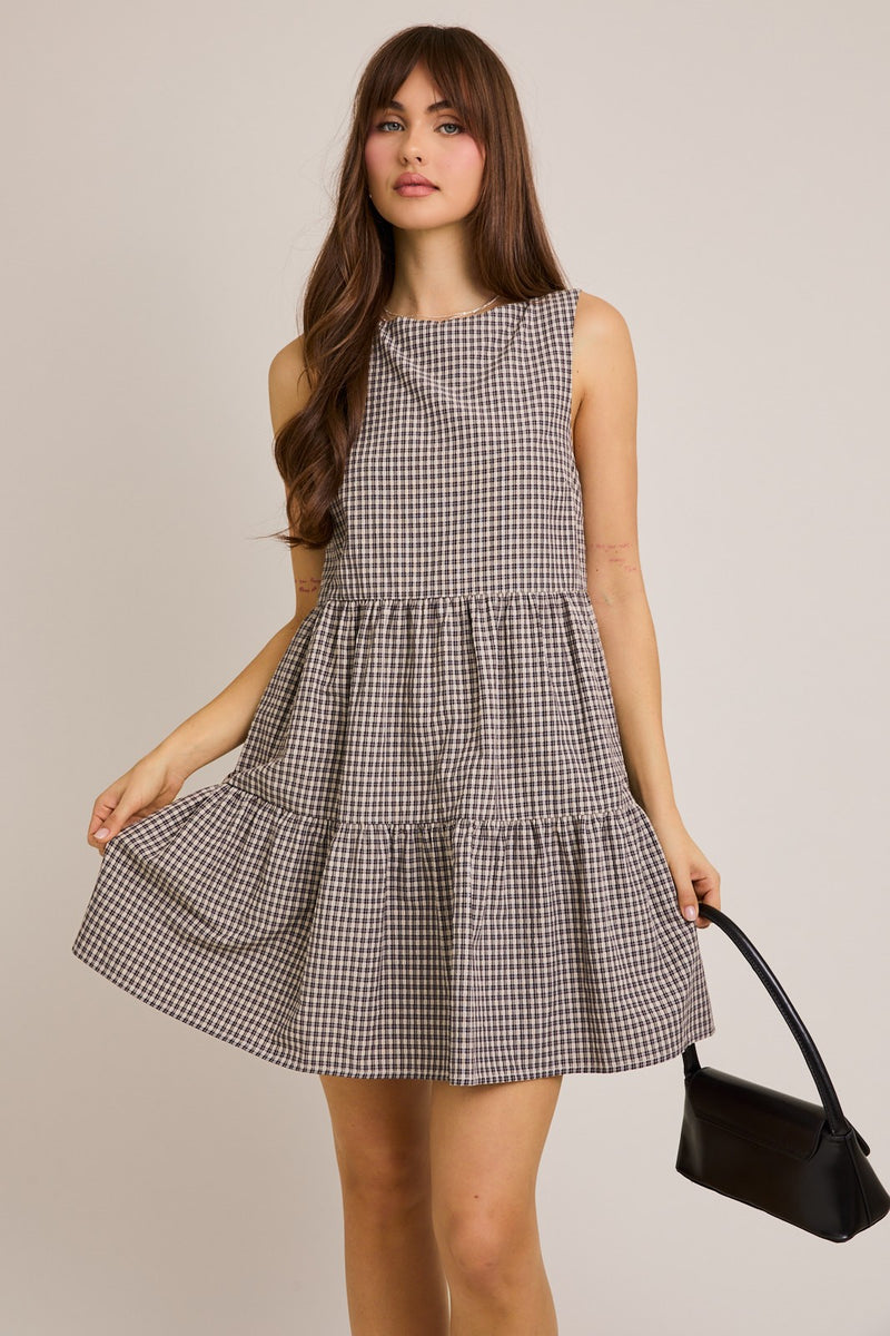 Parker Boat Neck Plaid Mini Dress, Black Plaid