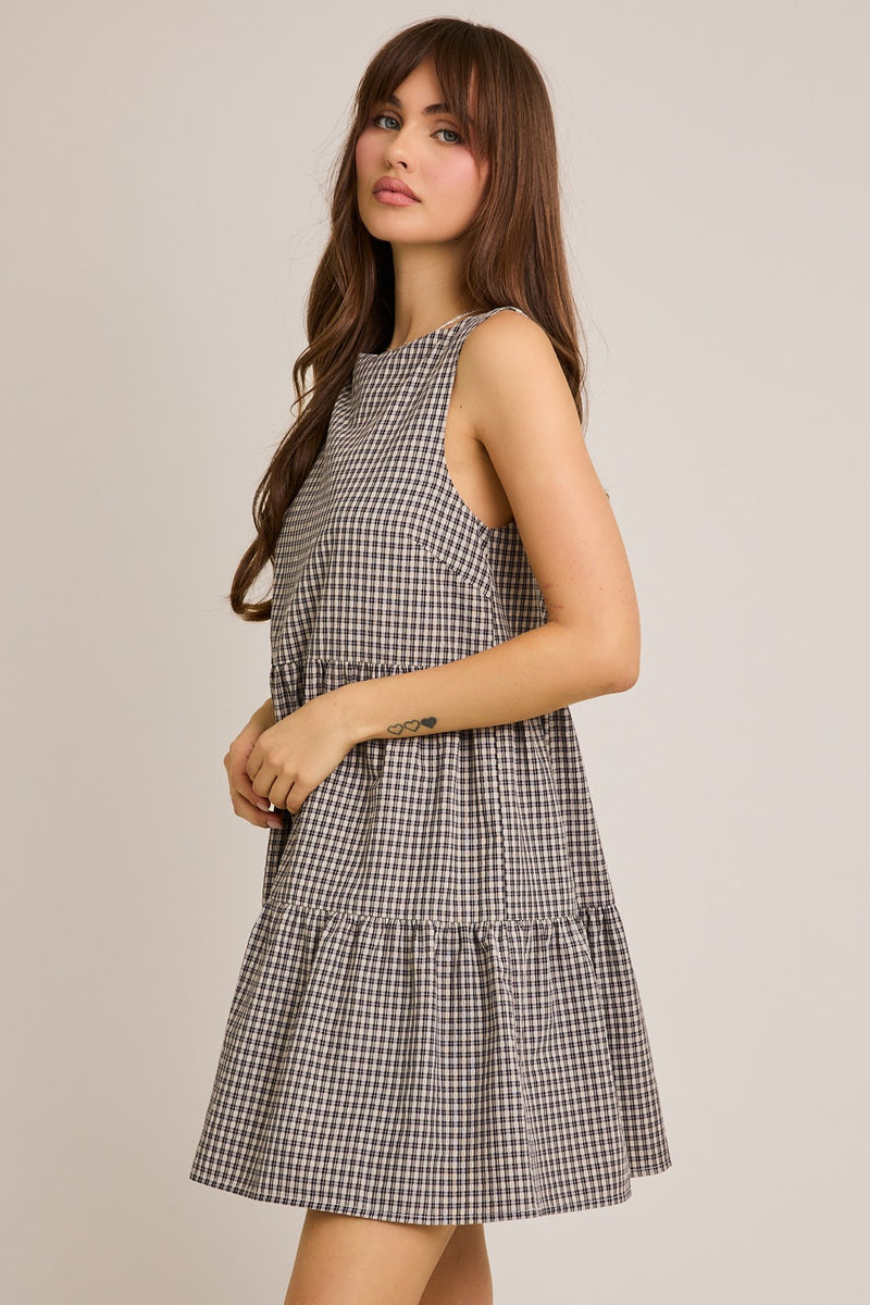 Parker Boat Neck Plaid Mini Dress, Black Plaid