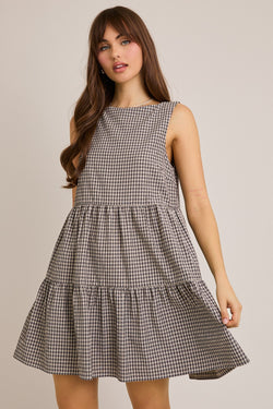 Parker Boat Neck Plaid Mini Dress, Black Plaid