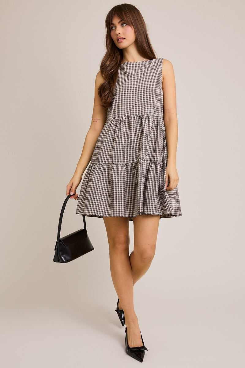 Parker Boat Neck Plaid Mini Dress, Black Plaid