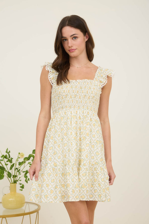 Virginia Floral Smocked Mini Dress, Yellow Multi