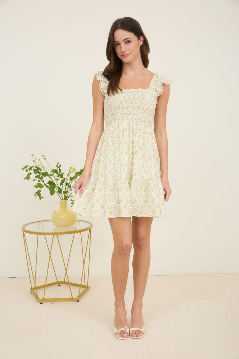 Virginia Floral Smocked Mini Dress, Yellow Multi