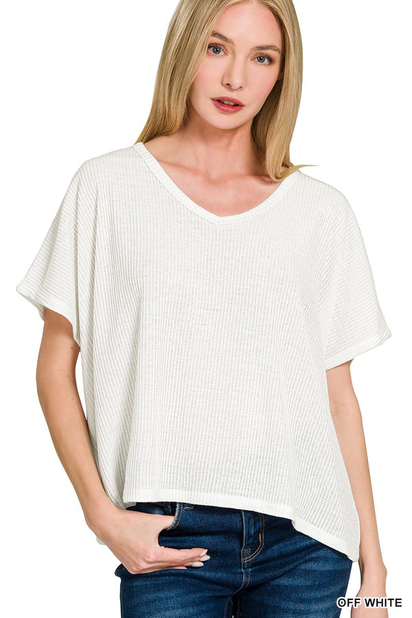 Amanda Ribbed V-Neck Top, Off White