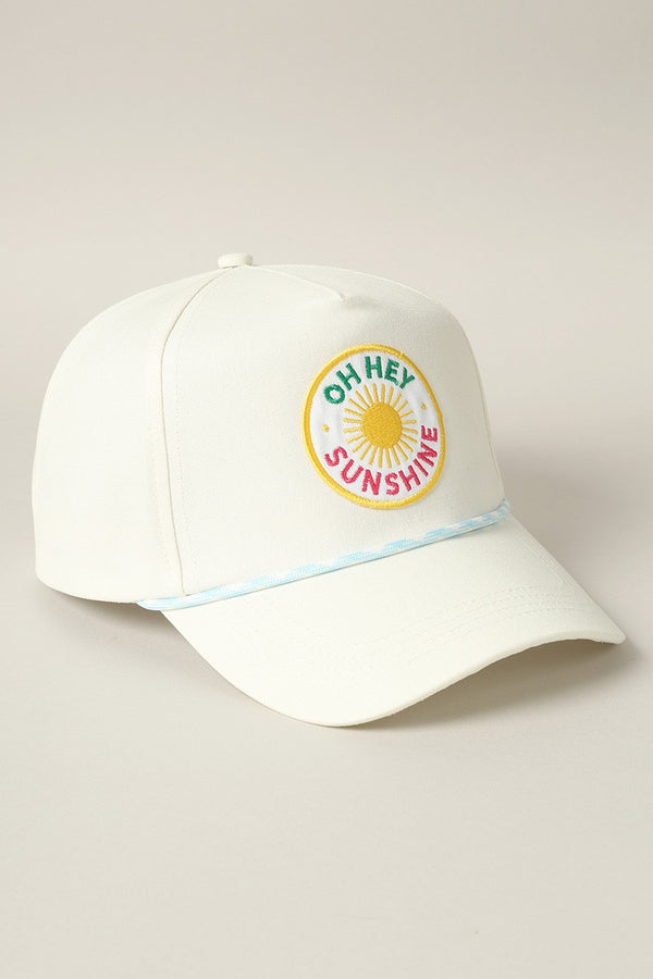 Oh Hey Sunshine Embroidered Patch Trucker Hat, Off White/Light Blue