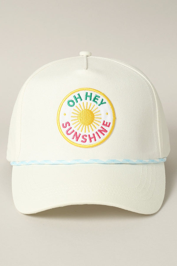 Oh Hey Sunshine Embroidered Patch Trucker Hat, Off White/Light Blue