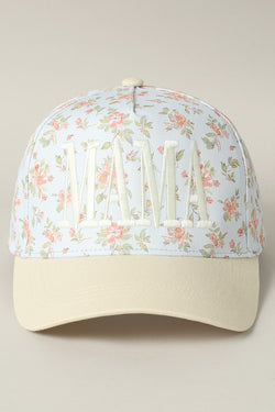 Mama Embroidered Flower Pattern Trucker Hat, Blue/Beige