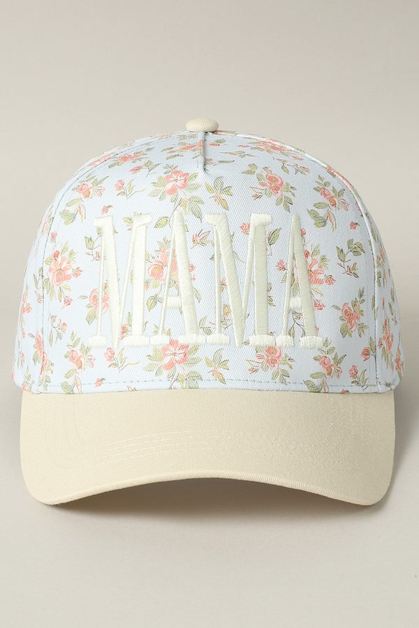 Mama Embroidered Flower Pattern Trucker Hat, Blue/Beige