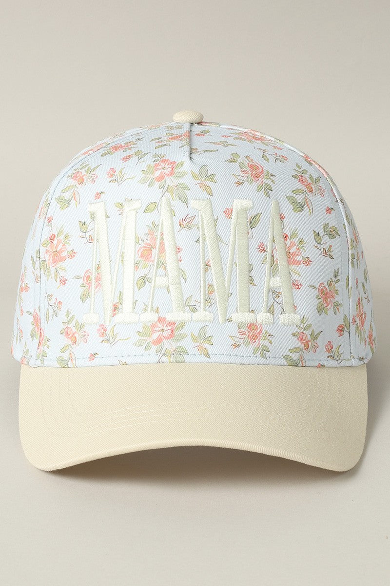 Mama Embroidered Flower Pattern Trucker Hat, Blue/Beige