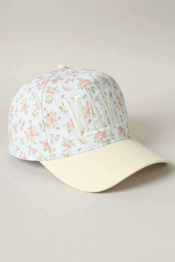 Mama Embroidered Flower Pattern Trucker Hat, Blue/Beige