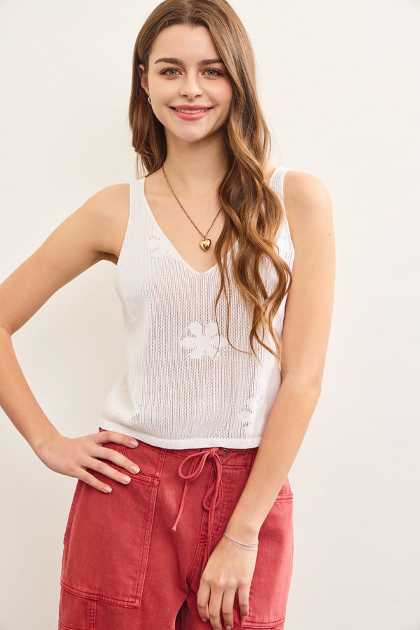 Alexa Floral Knit Sleeveless Top, White