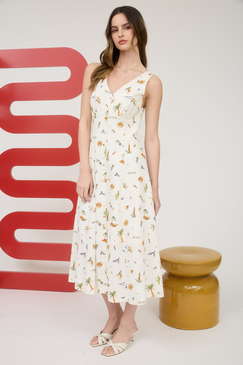 Melina Beach Print Midi Dress, Cream Multi