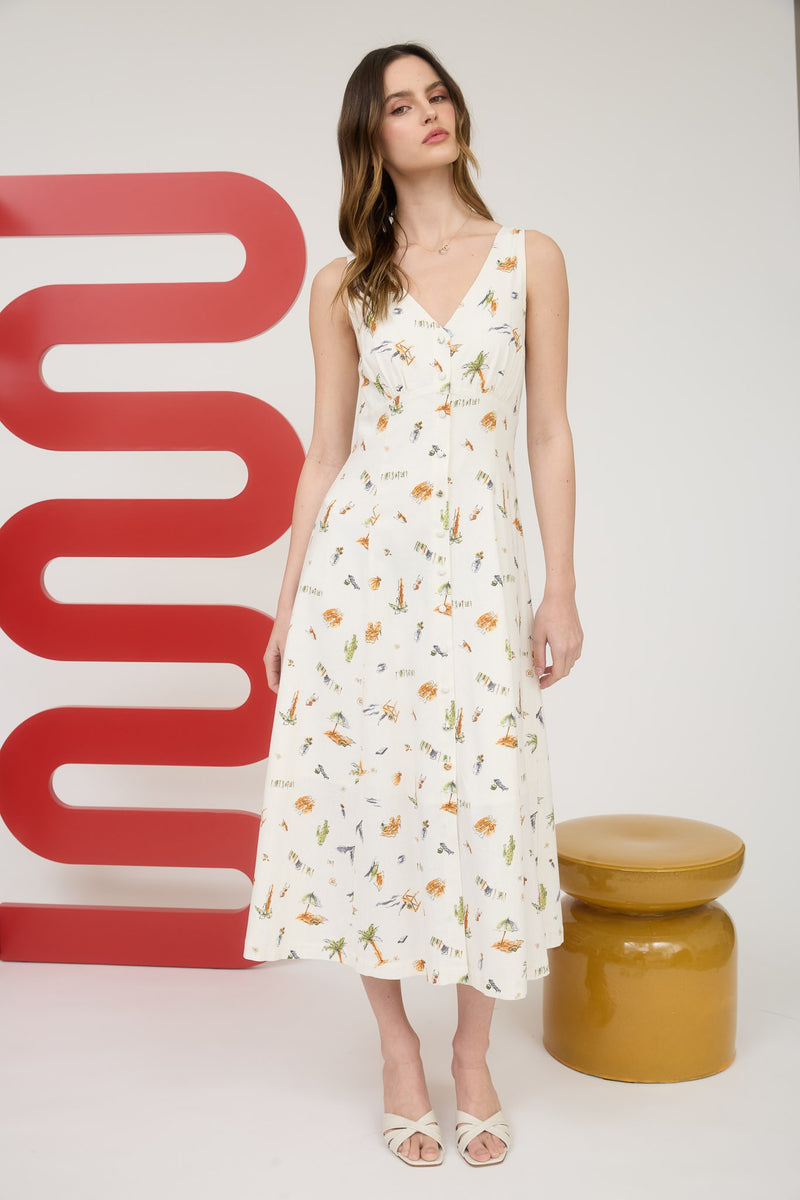 Melina Beach Print Midi Dress, Cream Multi