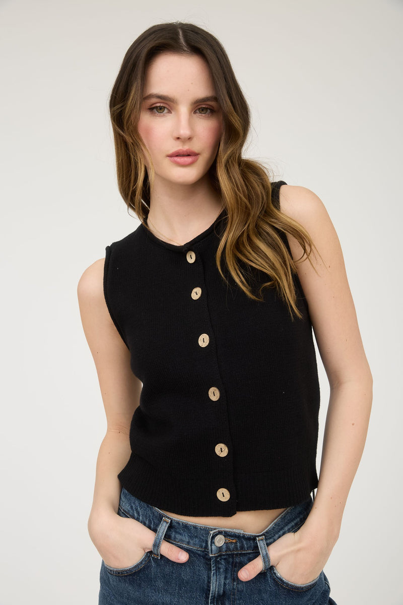 Lina Raw Edge Cardigan Vest, Black