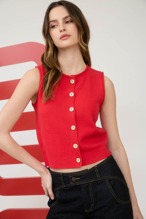 Lina Raw Edge Cardigan Vest, Red