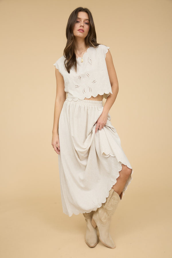 Sophia Scallop Hem Midi Skirt, Natural