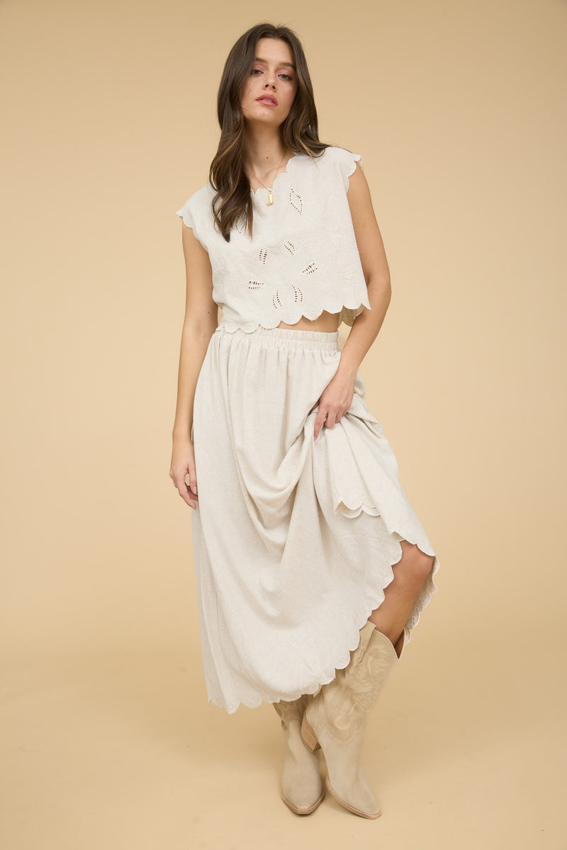 Sophia Scallop Hem Midi Skirt, Natural