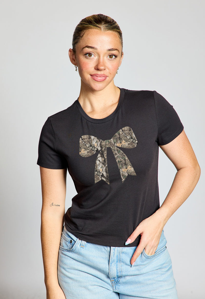 Camo Bow Baby Tee, Washed Black