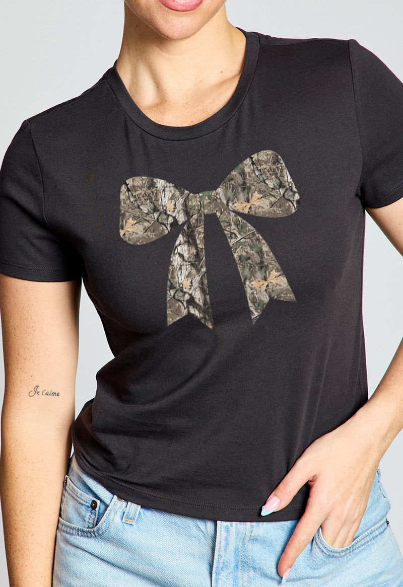 Camo Bow Baby Tee, Washed Black