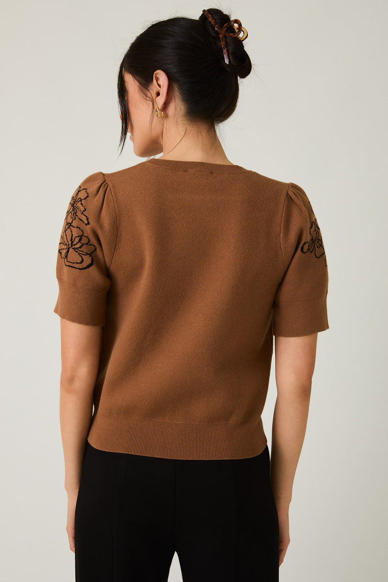 Sable Flower Graphic Sweater Top, Brown-Black