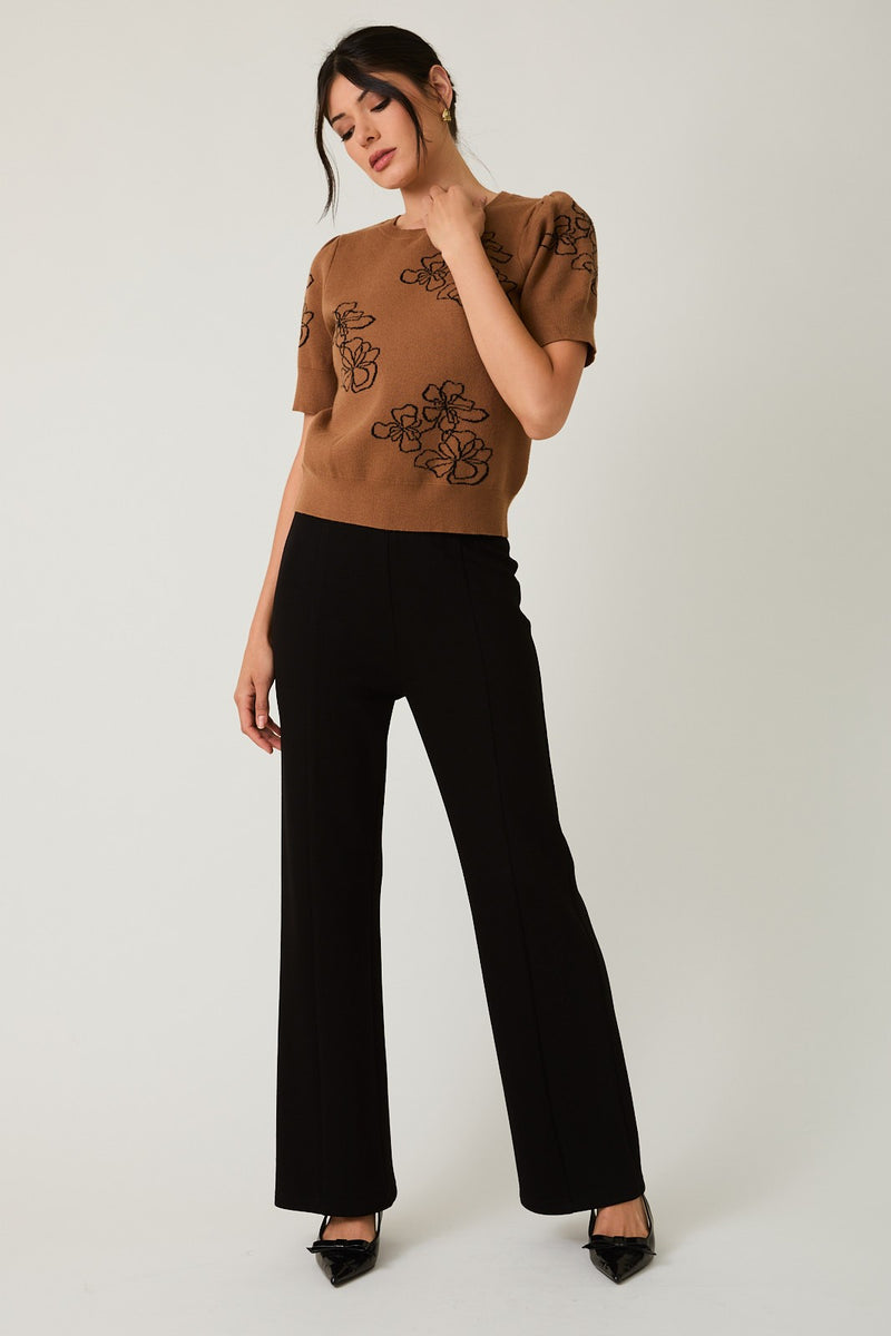 Sable Flower Graphic Sweater Top, Brown-Black