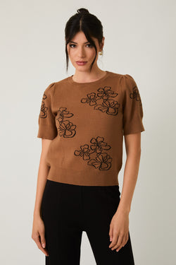 Sable Flower Graphic Sweater Top, Brown-Black