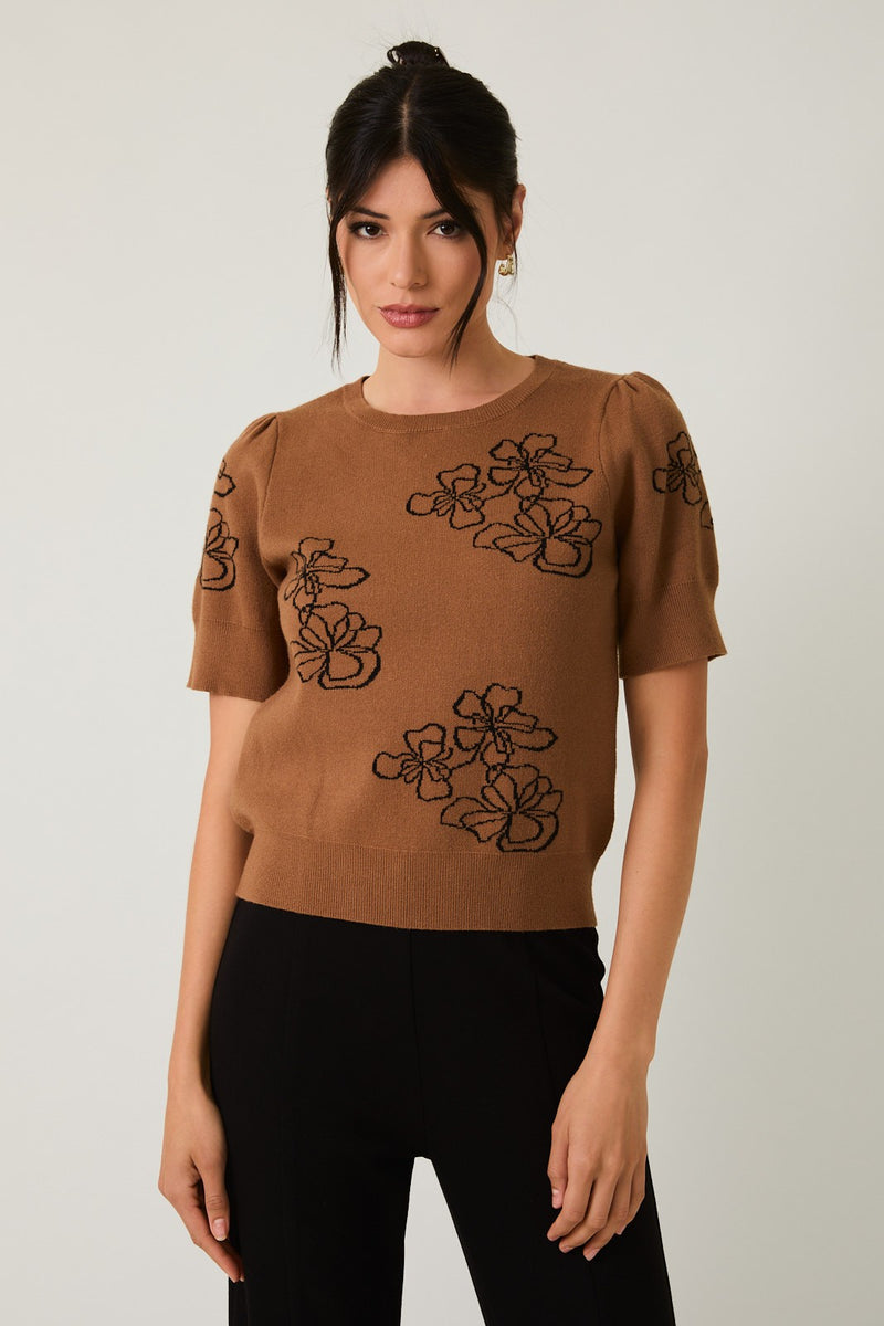 Sable Flower Graphic Sweater Top, Brown-Black