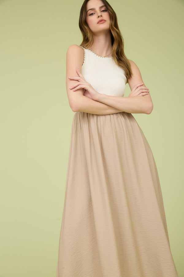 Lily Contrast Trim Mixed Media Dress, Khaki