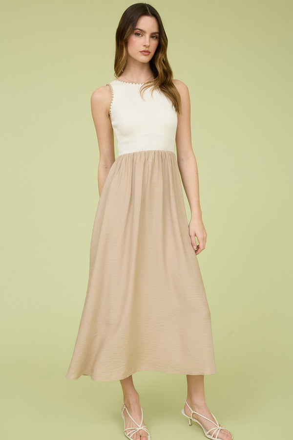 Lily Contrast Trim Mixed Media Dress, Khaki