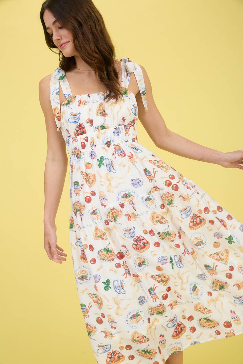 Allie Tea Time Tie Strap Midi Dress, Off White Multi