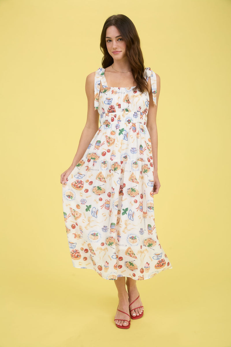 Allie Tea Time Tie Strap Midi Dress, Off White Multi