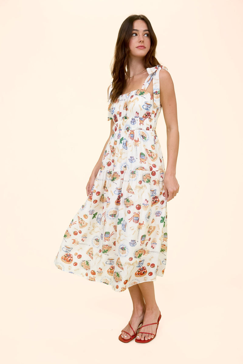 Allie Tea Time Tie Strap Midi Dress, Off White Multi