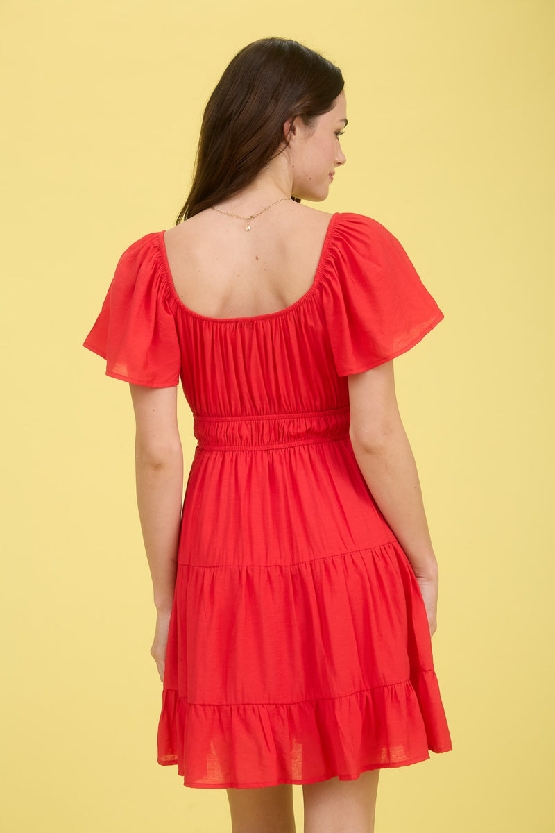 Edith Front Tie Tiered Mini Dress, Red