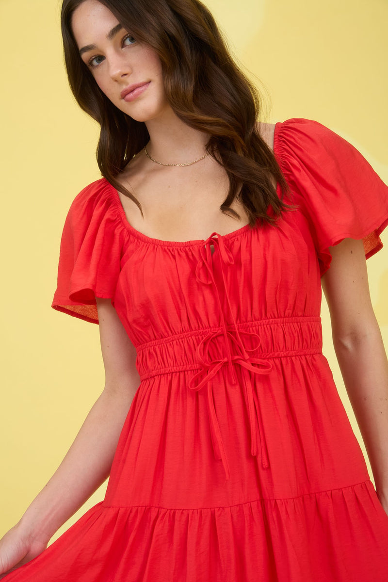 Edith Front Tie Tiered Mini Dress, Red