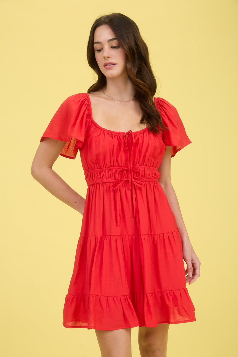 Edith Front Tie Tiered Mini Dress, Red
