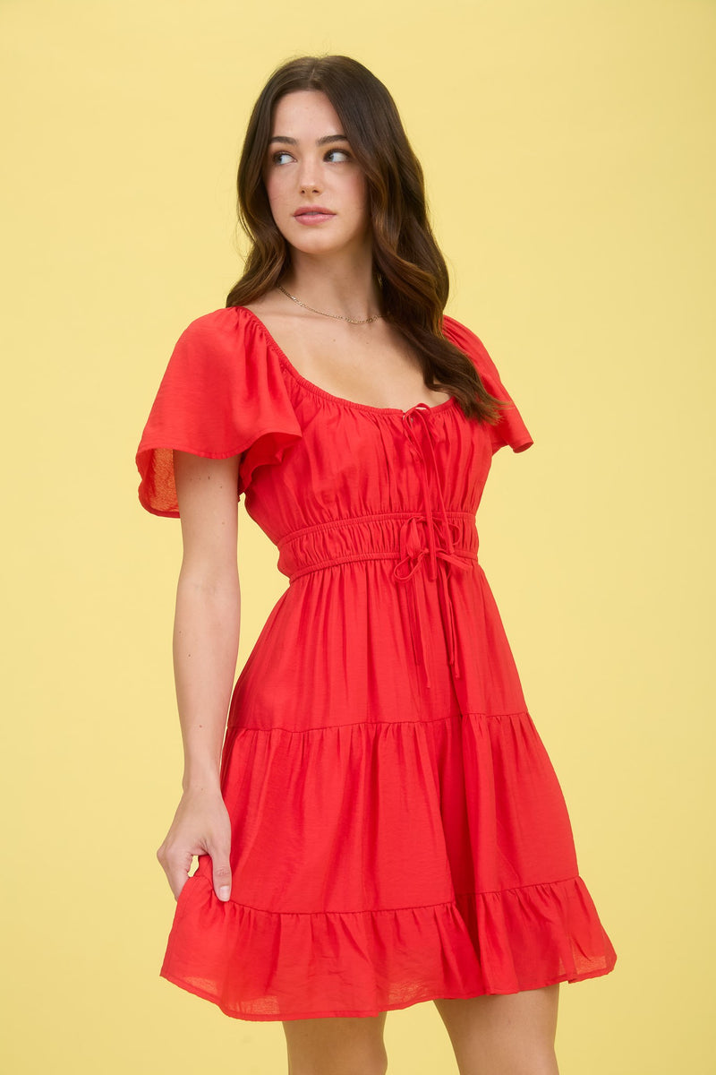 Edith Front Tie Tiered Mini Dress, Red