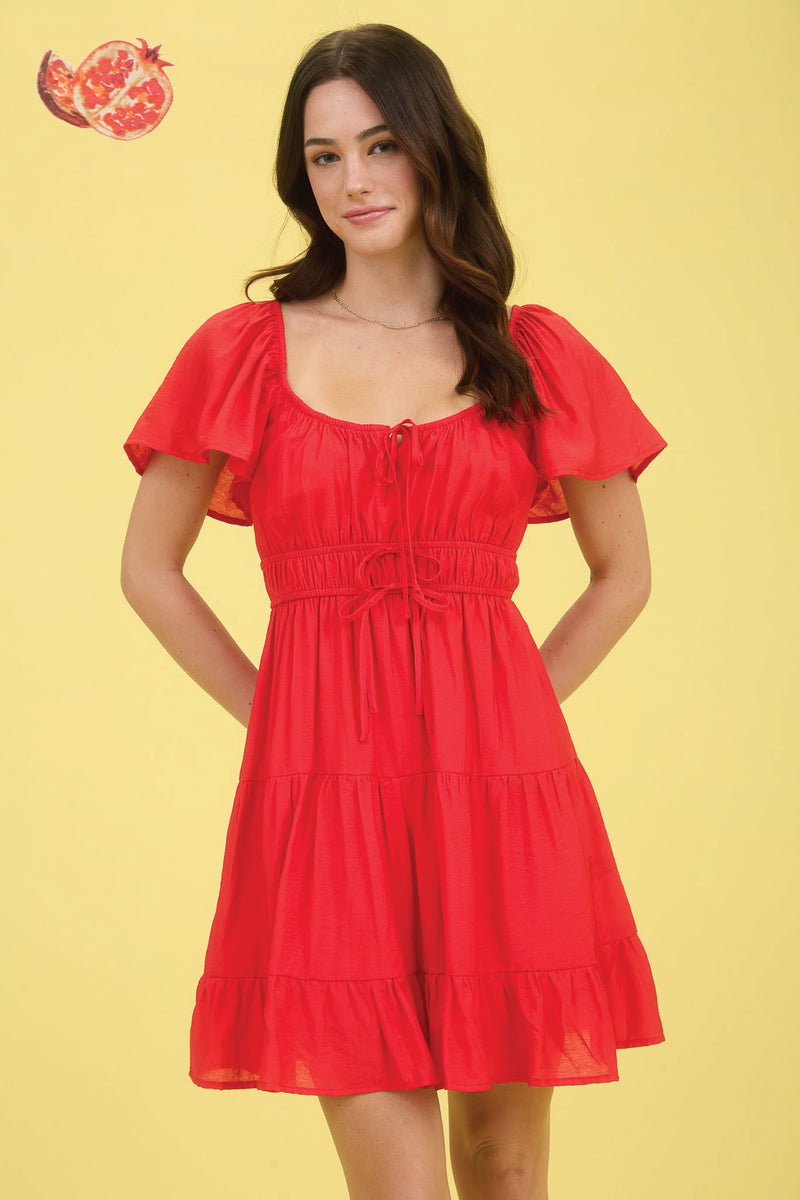 Edith Front Tie Tiered Mini Dress, Red