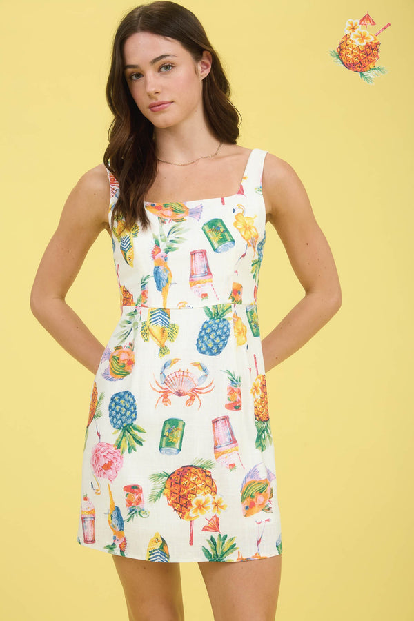 Mia Summer Printed Linen Mini Dress, Ivory Multi