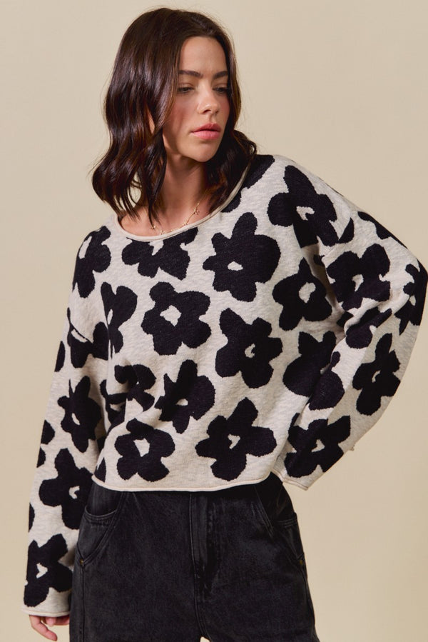 Shiloh Loose Fit Flower Sweater, Black/Oatmeal