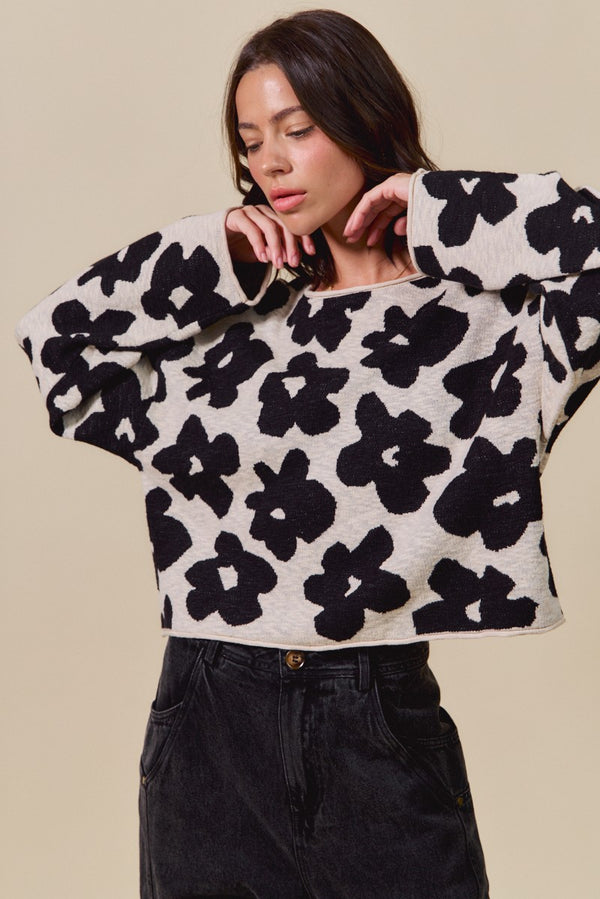 Shiloh Loose Fit Flower Sweater, Black/Oatmeal
