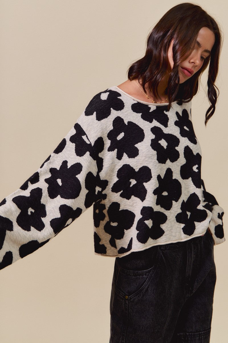 Shiloh Loose Fit Flower Sweater, Black/Oatmeal