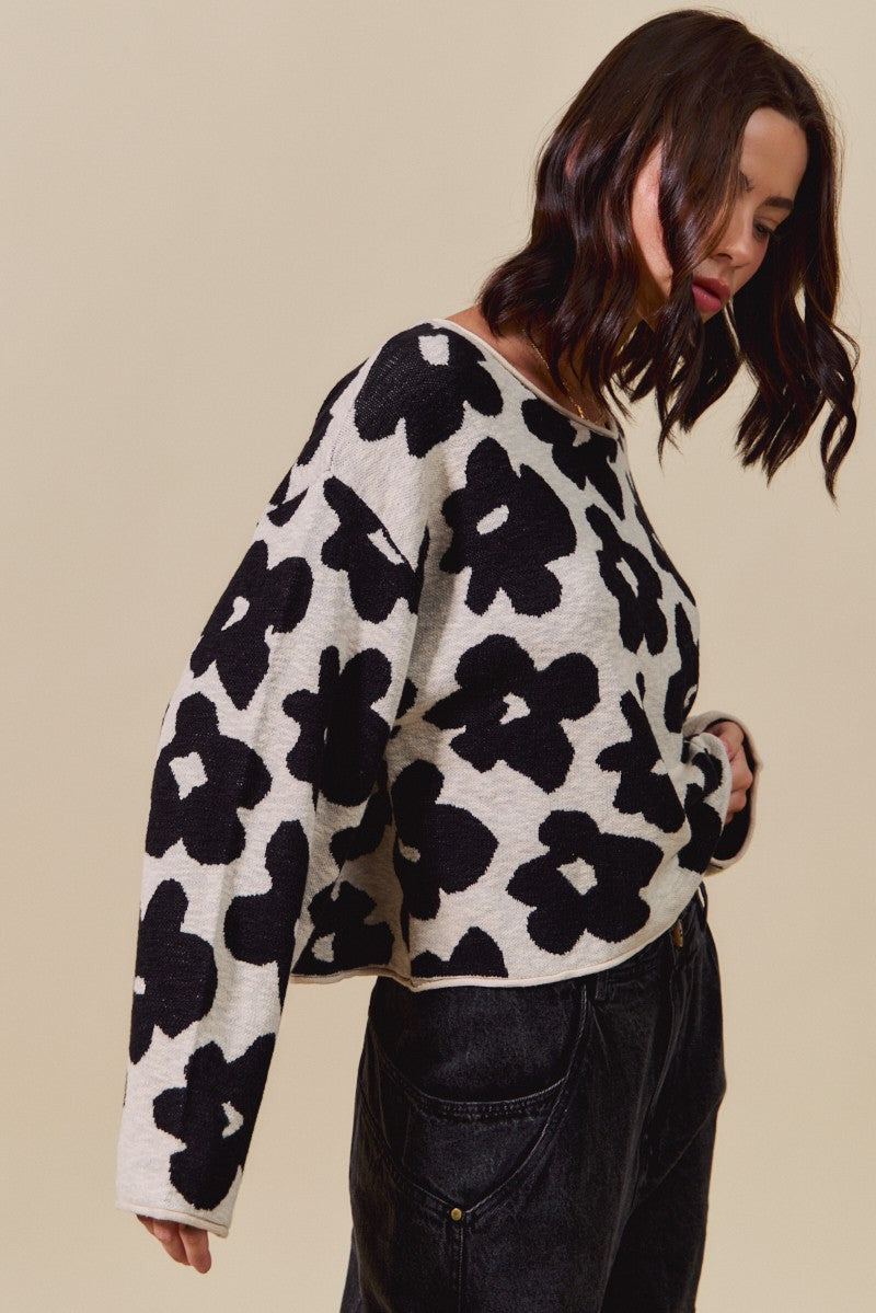 Shiloh Loose Fit Flower Sweater, Black/Oatmeal